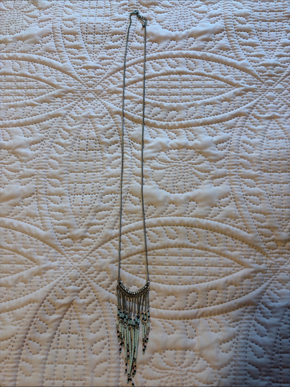 Boho Silver-Tone Fringe Pendant Necklace with Mint Beads